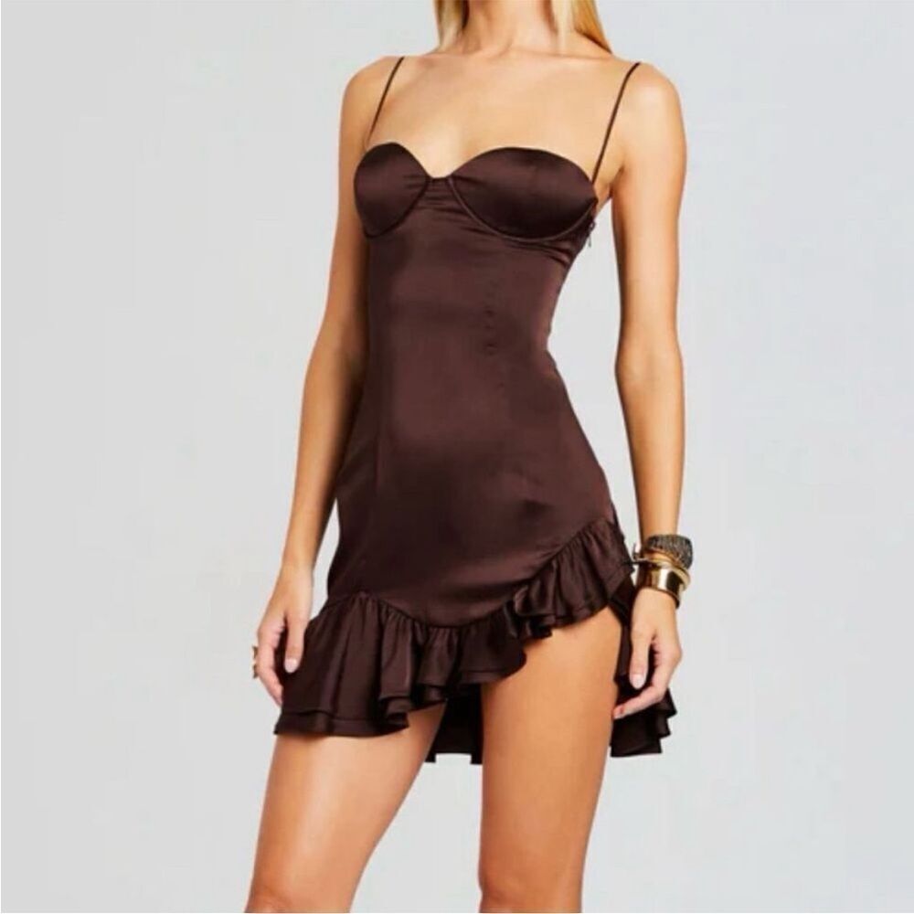 NWT Retrofête Silvana Silk Ruffle Dress in Dark Chocolate size Large